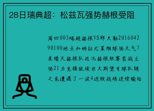28日瑞典超:松兹瓦强势赫根受阻