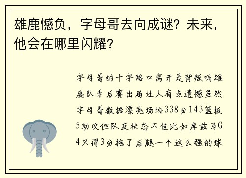 雄鹿憾负，字母哥去向成谜？未来，他会在哪里闪耀？